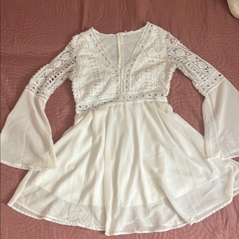 White Lace Boho Long-Sleeve Mini Dress